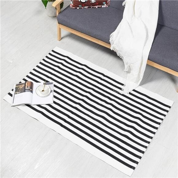 Black and White Striped Outdoor Rug, Cotton, 23.5x34.5 Striped Mat Rug - Picture 6 of 6